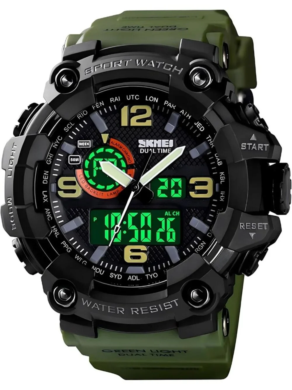 Men Army&Green Analog Quartz S-Shock Waterproof Outdoor Sports LED Digital Watch